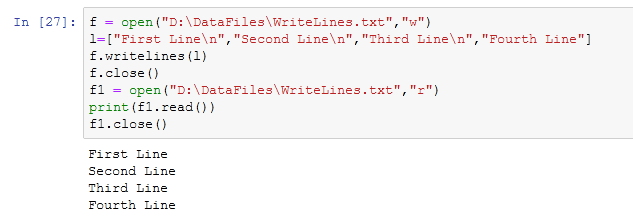 writing multiple lines using writelines function in python