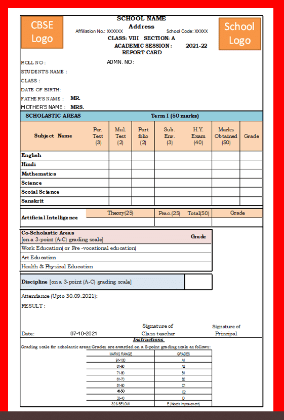 Cbse term 1 report card 2021 22 excel file class 1 to 8 comprehensive